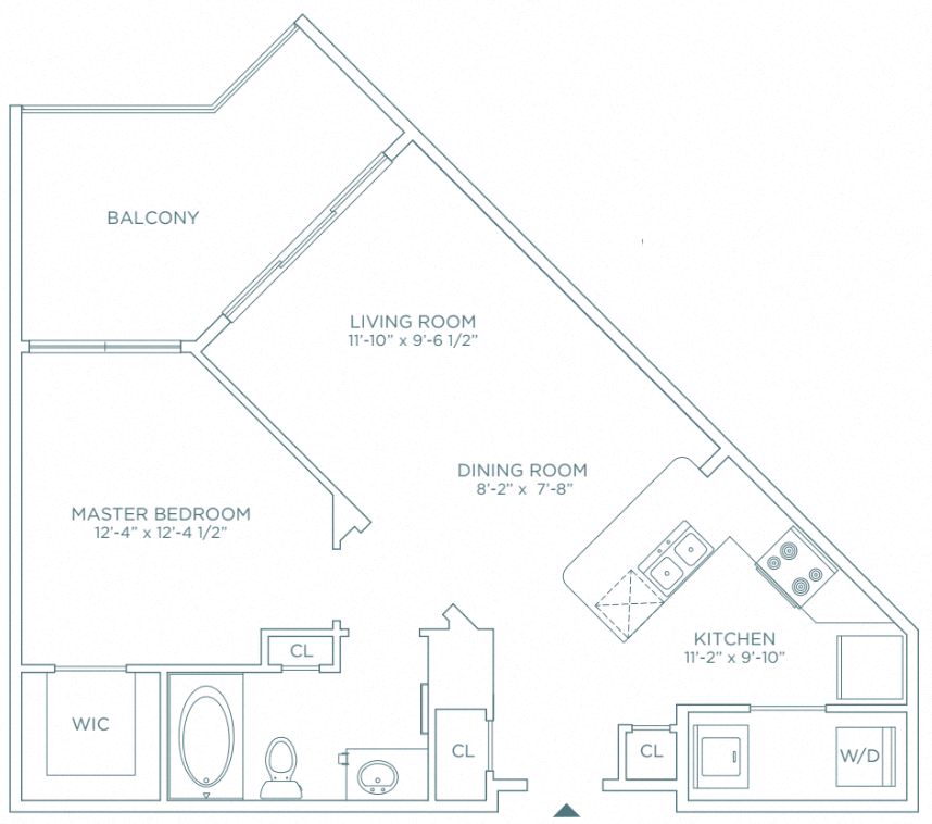 Floor plan for 1 bed, 1 bath, 674 sqft